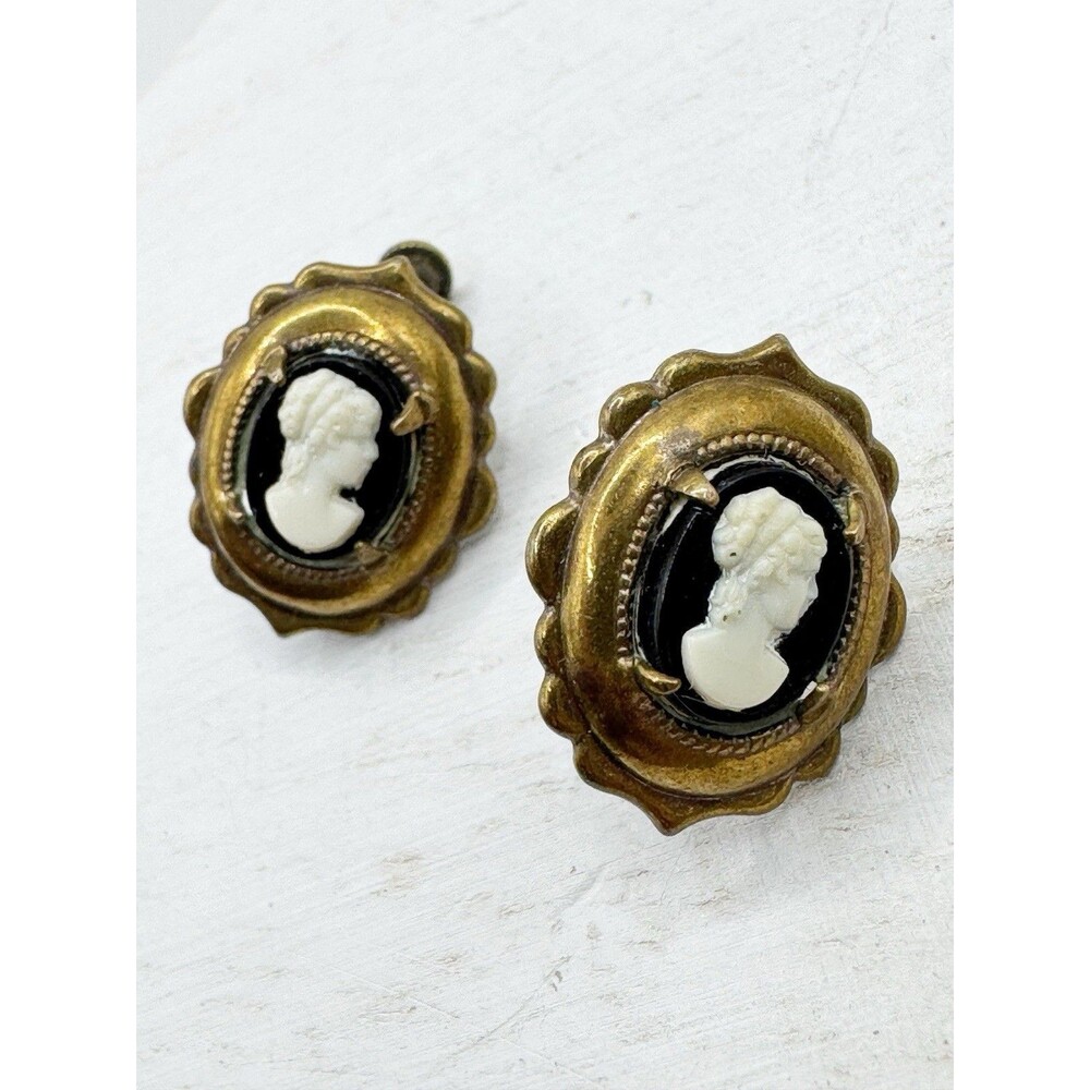 Vintage Antique Brass Cameo Screw back Earrings Black White Victorian Revival